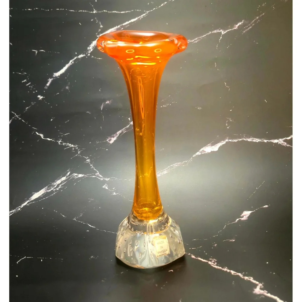 Vintage Swedish Art Glass Bud Vase Amber Orange Controlled Bubble Base 8.25
